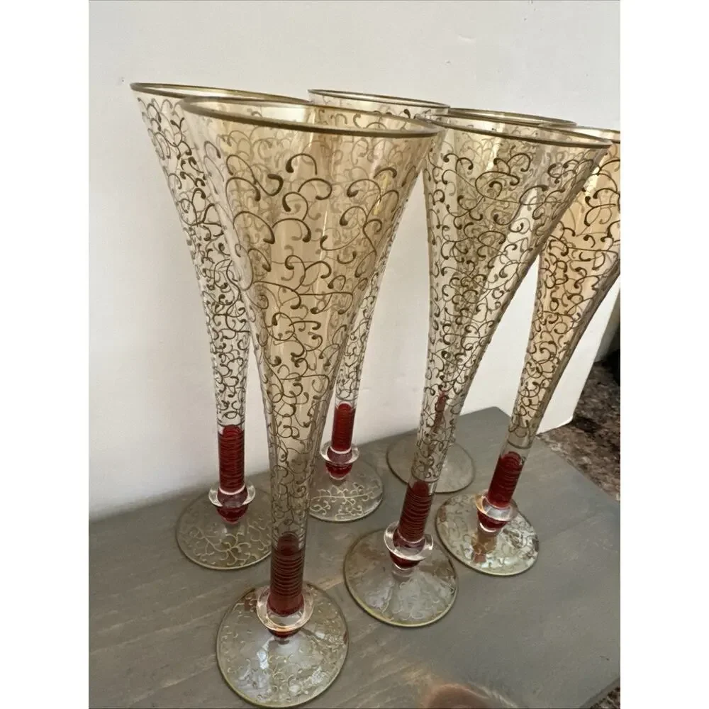 Pier 1 Rioja Hand Blown Champagne Flutes Ruby Red Stem Gold Scroll Set Of 6 Rare